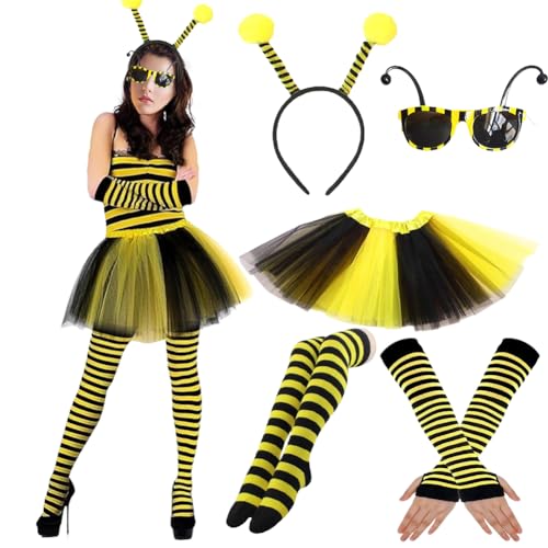 Bienenkostüm Erwachsene, Karneval Kostüm Damen, Bienen Haarreif Tüll Rock Gestreifte Überkniestrümpfe Lange Handschuhe Brille, Bee Costume Kit Damen für Fasching Karneval Verkleidung Themenparty von Gohytal