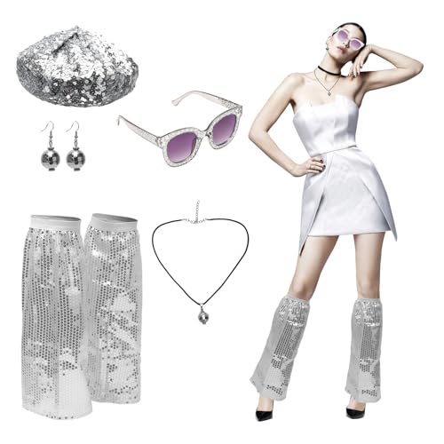 Disco Outfit Zubehör Damen, Disco Accessoires 60er 70er Jahre Kostüm Glitzer Baskenmütze Disco Hut Pailletten Stulpen Brille Sonnenbrille Discokugel Ohrringe Outfit Damen für Fasching Karneval Kostüm von Gohytal