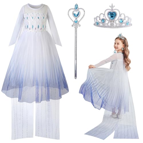 Gohytal Elsas Kostüm Kinder Mädchen, Eiskönigin Prinzessin Kleid, Elsas Kinder Prinzessin Kleid, mit Krone und Zauberstab, für Halloween Weihnachten Verkleidung Karneval Geburtstag Party (130 Yards) von Gohytal