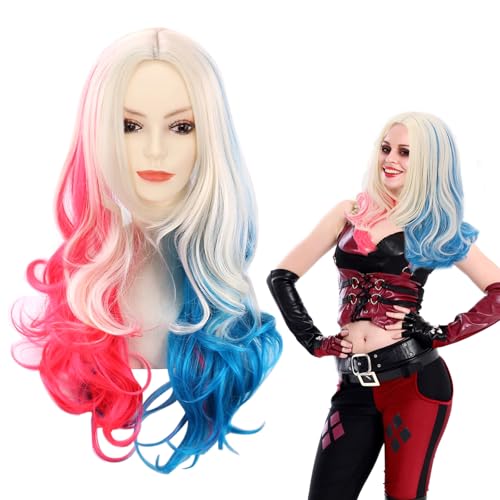 Gohytal Lang Cosplay Perücke, Blond Rosa Blaue Kostüm Perücke Filmheldin Cosplay Perücke für Damen Mädchen Karneval Halloween Cosplay Mottopartys Verkleidung Kostüm Party von Gohytal