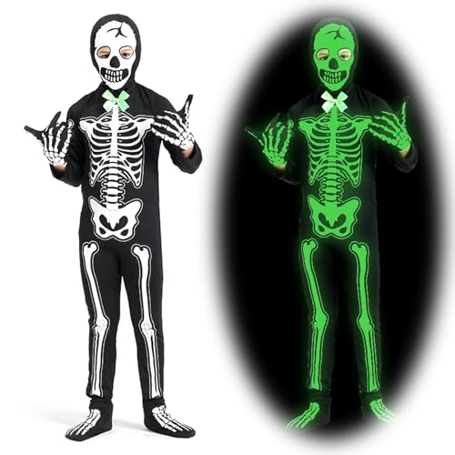 Gohytal Halloween Skelett Kostüm Kinder,Glow in the Dark Halloween Kostüm,Scary Skelett Jumpsuit für Kinder,Leuchtend Kostüm für Jungen Mädchen Weihnachten Karneval Geburtstag Cosplay Party(120-130cm) von Gohytal