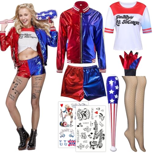 Gohytal Harly Quin Kostüme für Erwachsene, Quinn Kostüm für Damen Mädchen,Suicid Harle Queen Kostuem, Karneval Halloween Cosplay Kostüme Set mit Jacke,T-Shirt,Shorts,Handschuh,Tatto (L) von Gohytal