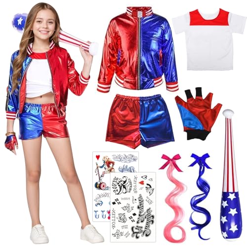 Gohytal Harly Quin Kostüme für Kinder, Quinn Kostüm für Damen Mädchen,Suicid Harle Queen Kostuem, Karneval Halloween Cosplay Kostüme Set mit Jacke, T-Shirt, Shorts, Handschuh, Perücken, Tatto (130) von Gohytal