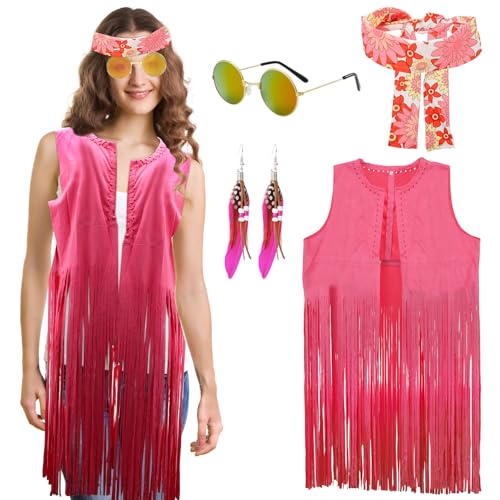 Gohytal Hippie Kostüm Damen, Hippie-Fransenweste Accessoires 60er 70er Jahre Hippie Kostüm Damen Set Zeitreise Kostüm für Frauen Karneval 70er 80er Jahre Mottoparty für Karneval Cospaly-L von Gohytal