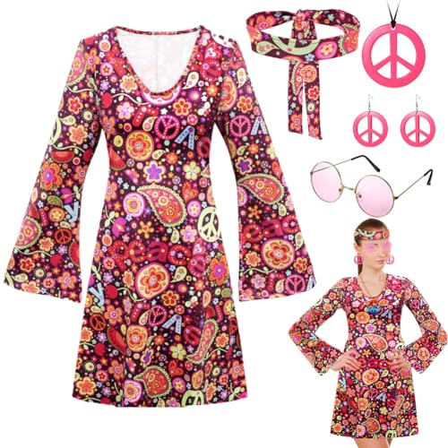 Gohytal Hippie Kostüm Damen Set, 60er 70er Jahre Kleid Hippie Kleidung Frauen, Disco Kleider mit 70er Jahre Kleid Hippie Accessoires, Faschingskostüm Zubehör für Frauen Mädchen für Karneval Party (S) von Gohytal