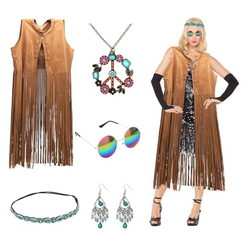 Gohytal Hippie Kostüm Damen Set, 80er Faschingskostüme mit Hippie Accessoires Disco Outfit Damen Zeitreise Kostüm für Frauen Karneval 60er Kostüm für Mottoparty Karneval Cospaly L von Gohytal