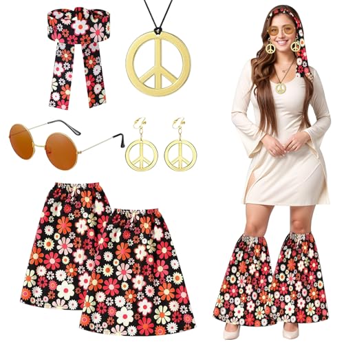 Gohytal Hippie Kostüm Damen Set 70er Jahre, 5er Set Damen Hippie Outfit inklusive Stirnband Beinstulpen Frieden Zeichen Halskette Sonnenbrille Flower Power Kostüm 70er 80er für Karneval Cospaly von Gohytal