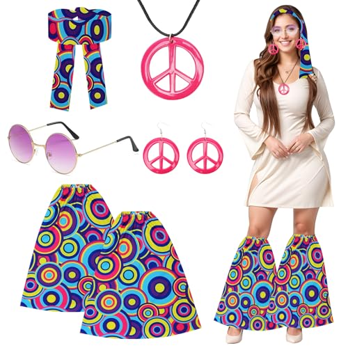 Gohytal Hippie Kostüm Damen Set 70er Jahre, 5er Set Damen Hippie Outfit inklusive Stirnband Beinstulpen Frieden Zeichen Halskette Sonnenbrille Flower Power Kostüm 70er 80er für Karneval Cospaly von Gohytal