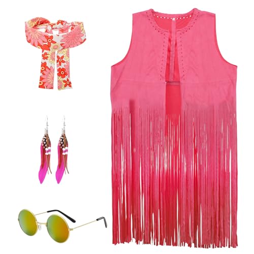 Gohytal Fransenweste Hippie Kleidung Damen, Fransenweste Indianer Kostüm Damen, Fransenweste Boho LangHippie Kostüm Damen Set, Hippie Kleidung Bekleidung Disco Outfit Damen Zubehör Karneval Fasching von Gohytal