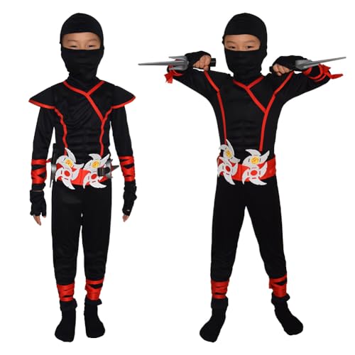 Gohytal Ninja Kostüm Kinder, Ninja Anzug Junge Mädchen, Kinderkostüm Muskel Kostüm mit Wurfstern Sai Rot Schwarz Verkleidung für Karneval Faschings Party Cosplay Dress Up (L) von Gohytal