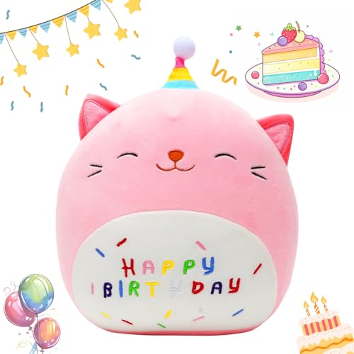 Gohytal Katze Kuscheltier Mädchen Geburtstag Geschenk, 25 cm Happy Birthday Plüschtier, Stofftier Plüschtier Kuscheltier Cartoon Plüschkissen Puppe Geburtstag Geschenk für Baby Mädchen Kinder von Gohytal