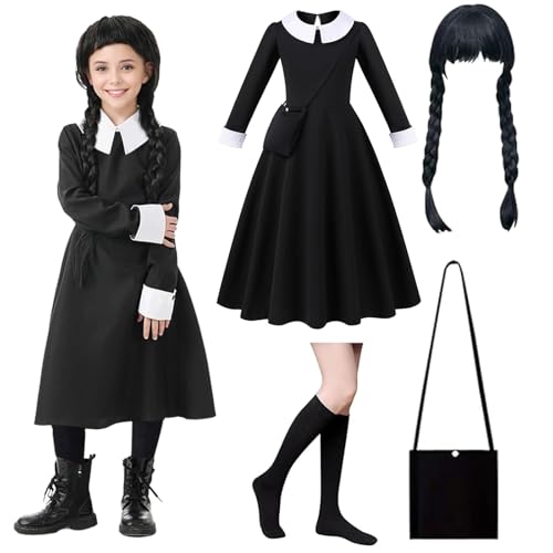 Gohytal Kostüm Kinder, Halloween Kostüm Mädchen, Schwarzes Kleid halloween und perücke, kostüm halloween kinder Geeignet für Halloween Karneval Cosplay Faschings (140) von Gohytal