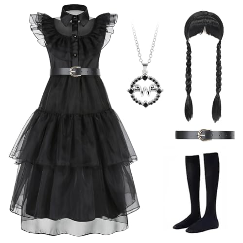 Gohytal Kostüm Mädchen, Schwarz Kleid Mädchen mit Perücke, Gürtel, Gürtelpolster, Socken, Kleid Kostüm Halloween Karnival Fasching Cosplay Partykleid für Mädchen Von 4–14 Jahren - 110 von Gohytal