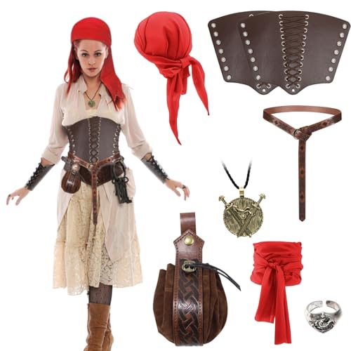 Gohytal Mittelalter Kleidung für Damen Herren Accessoires Set, 7er Mittelalter Piratenkostüm Zubehör Set Damen Herren Vintage Renaissance Ritter Deko Kostüm für Halloween Karneval Cosplay Party von Gohytal