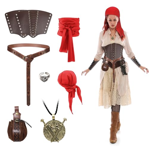 Gohytal Mittelalter Kleidung für Damen Herren Accessoires Set, 7er Mittelalter Piratenkostüm Zubehör Set Damen Herren Vintage Renaissance Ritter Deko Kostüm für Halloween Karneval Cosplay Party von Gohytal