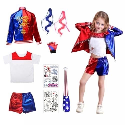 Gohytal Quinn Kostüme Kinder, Faschingskostüme Mädchen Bösewicht Kostüm, Suicide Clown Kostüm Kit Jacke Kostüme Cosplay Costume für Karneval Joker Cosplay Geschenke Kinder von Gohytal