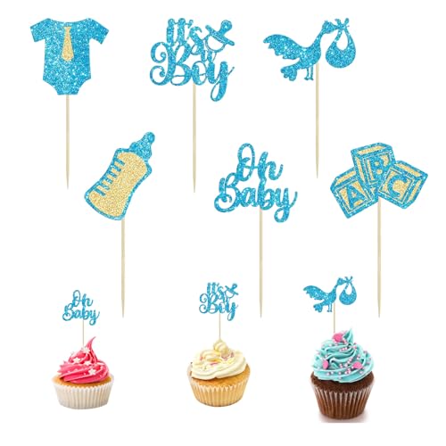 Goiern 24 Stück Baby Shower Oh Baby Cupcake Toppings It's a Boy Cupcake Picker Glitzer Krawattenhemd Babyflasche Kuchen Picker Dekorationen für Baby Shower Blau von Goiern