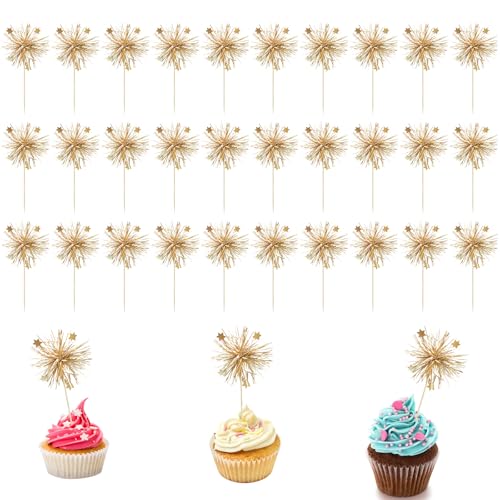 Goiern 30 Stück Feuerwerk Cupcake Toppers, Happy Birthday Tortendeko Geburtstag Tortendeko Glitzerndes Lametta Cocktailspieße für Partyzubehör zum Valentinstag von Goiern