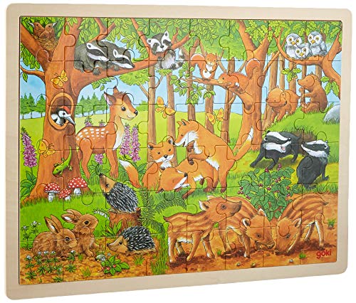 goki 57734 - Einlegepuzzle Tierkinder im Wald aus Holz, Holzpuzzle mit Tiermotiven, Lernspielzeug und Kinderpuzzle, fördert Fantasie und Motorik der Kinder, 40cm x 30cm, 48er Set, ab 3 Jahre von goki