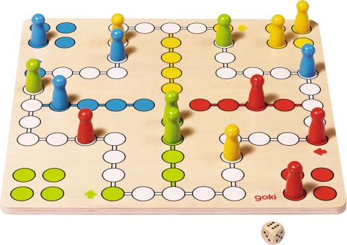 Goki 56710 Brettspiel Ludo, Familienspiel mit 16 Figuren und Würfel, 4 unterschiedeliche Farben, 28x28cm, ab 4 Jahre, bunt, Einheitsgröße von goki