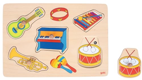 goki 57520 - Soundpuzzle Instrumente fördert das Lernen und Fühlen spielerisch, Holzpuzzle für Kinder, 6 verschieden Musikinstrumenten, 7er Set, ab 1 Jahr, Gemischt von goki