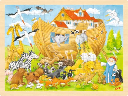 goki 57535 Einlegepuzzle Einzug in die Arche Noah aus Holz, Holzpuzzle mit Tieren und Arche, Lernspielzeug und Kinderpuzzle, fördert Fantasie und Motorik, 40cm x 30cm, 96er Set, ab 3 Jahre von goki