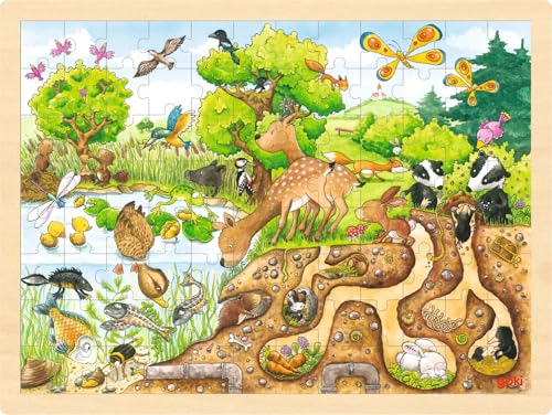 goki 57582 - Einlegepuzzle Erlebnis Natur aus Holz, Holzpuzzle mit vielen Tieren, Lernspielzeug und Kinderpuzzle, fördert Fantasie und Motorik der Kinder, 40cm x 30cm, 96er Set, ab 3 Jahre von goki