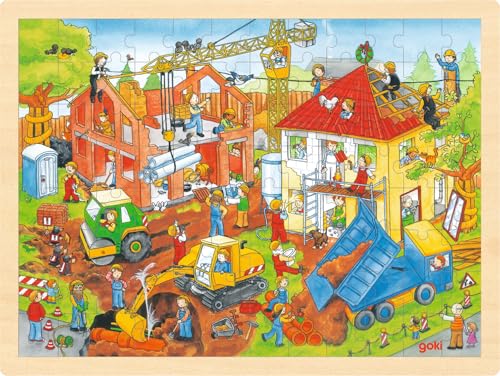 goki 57670 Einlegepuzzle Baustelle aus Holz, Holzpuzzle Krahn, Bagger, Walze, Kipper etc, Lernspielzeug und Kinderpuzzle, fördert Fantasie und Motorik der Kinder, 40cm x 30cm, 96er Set, ab 3 Jahren von goki