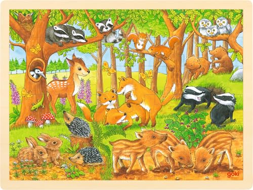 goki 57734 - Einlegepuzzle Tierkinder im Wald aus Holz, Holzpuzzle mit Tiermotiven, Lernspielzeug und Kinderpuzzle, fördert Fantasie und Motorik der Kinder, 40cm x 30cm, 48er Set, ab 3 Jahre von goki