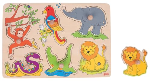 goki 57862 - Soundpuzzle Zootiere, fördert das Lernen und Fühlen spielerisch, Holzpuzzle für Kinder, Geräusche von 6 verschieden Tieren, Affe, Schlange, Löwe, Elefant, Krokodil, 7er Set, ab 1 Jahr von goki