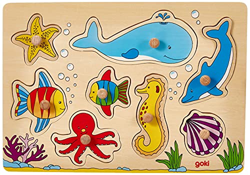 Goki 57953 Tiere Steckpuzzle Meerestiere, Holzpuzzle Meeresbewohner, farbenfrohe Unterwasserwelt, 8er Set, Bunt, Feinmotorik & Erkennungsfähigkeit ab 2 Jahren von goki