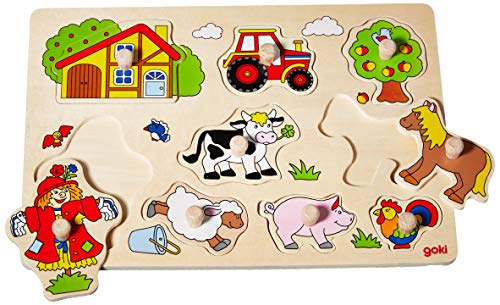 Goki 57995 Steckpuzzle Bauernhof VI für Kinder Holzpuzzle mit Traktor und Hoftieren Pferd, Schwein, Schaaf, Hahn, Kuh, 9er Set, ab 1 Jahr von goki