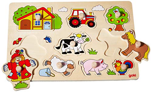 goki 57995 Steckpuzzle Bauernhof VI für Kinder Holzpuzzle mit Traktor und Hoftieren Pferd, Schwein, Schaaf, Hahn, Kuh, atürlicher Holzhintergrund, 9er Set, ab 1 Jahr von goki