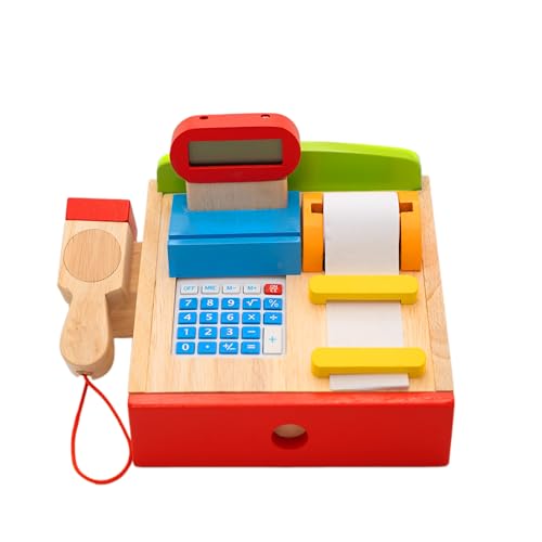 goki 51575 Spielkasse aus Massivholz, Taschenrechner, Kinder Registrierkasse mit Funktionen und Zubehör, digitales Display, Papierrolle, Natur, Pädagogisches Spielzeug ab 3 Jahre von goki