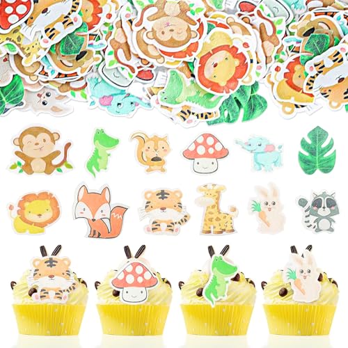 60 Stück Essbare Tortendeko Tiere,Esspapier Tortendeko Geburtstag Junge,Cupcake Topper Essbar,Dschungel Tortendeko 1. Geburtstag,Muffin Deko Essbar,Waldtiere Geburtstag Deko,Safari Geburtstagsdeko von GoldRock