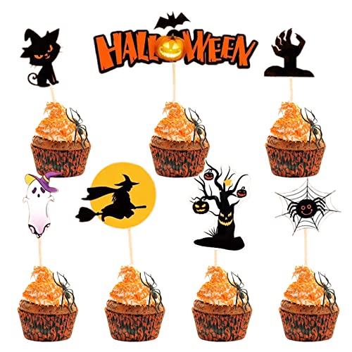 GoldRock 14 Stück Halloween Cupcake Topper,Kürbis Hexenhut Cupcake Topper,Halloween Kuchen Cupcake Picks,Fledermaus Grabstein Messer Kürbis Halloween Cupcake Dessert Deko Halloween Motto Partyzubehör von GoldRock