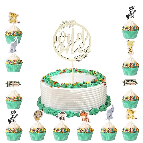 GoldRock 25 Stück Wild One Cake Topper 1. Geburtstag Holz Set,Tortendeko Tiere 1. Geburtstag Junge Mädchen,Wild One Geburtstag Deko 1 Jahr,Dschungel Kuchendeko 1. Geburtstag,1 Geburtstag Junge Deko von GoldRock