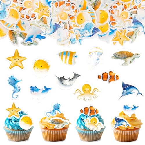 GoldRock Essbare Tortendeko Meerestiere,48 Stk Unterwasserwelt Cake Topper Meerestiere Deko Torte,Schildkröte,Fische,Seepferdchen Deko Kuchen,Esspapier Tortendeko Meer, Ozean Themen Muffin Deko Essbar von GoldRock