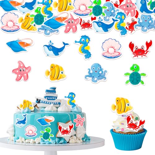 GoldRock Essbare Tortendeko Meerestiere,56 Stk Unterwasserwelt Cake Topper Meerestiere Deko Torte,Schildkröte,Fische,Seepferdchen Deko Kuchen,Esspapier Tortendeko Meer, Ozean Themen Muffin Deko Essbar von GoldRock