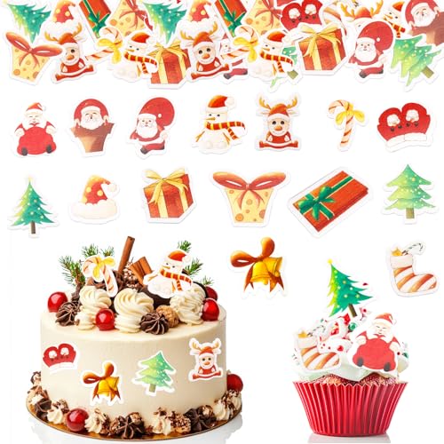 GoldRock Essbare Tortendeko Weihnachten, 48 Stück Weihnachts Esspapier Tortendeko Weihnachten Essbar Cupcake Topper,Weihnachtsmann Muffin Deko,Kuchen Deko Weihnachten,Tortendeko Essbar für Weihnachten von GoldRock