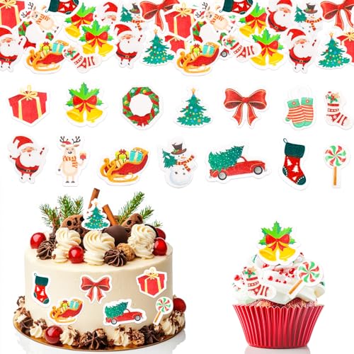 GoldRock Essbare Tortendeko Weihnachten, 60 Stück Weihnachts Esspapier Tortendeko Weihnachten Essbar Cupcake Topper,Weihnachtsmann Muffin Deko,Kuchen Deko Weihnachten,Tortendeko Essbar für Weihnachten von GoldRock