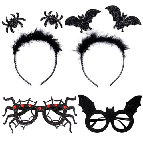 GoldRock Halloween Deko Haarreif Brillen Set, 4 Stk Haarreifen Brille Deko Halloween, Fledermaus Spinnen Deko Haarband, Fledermäuse Spinne Horror Deko, Halloween Kostüm Accessoires für Halloween Party von GoldRock