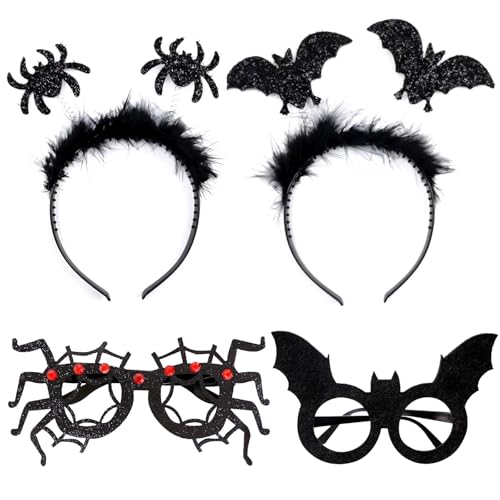 GoldRock Halloween Deko Haarreif Brillen Set, 4 Stk Haarreifen Brille Deko Halloween, Fledermaus Spinnen Deko Haarband, Fledermäuse Spinne Horror Deko, Halloween Kostüm Accessoires für Halloween Party GoldRock Halloween Deko Haarreif Brillen Set, 4 Stk Haarreifen Brille Deko Halloween, Fledermaus Spinnen Deko Haarband, Fledermäuse Spinne Horror Deko, Halloween Kostüm Accessoires für Halloween Party von GoldRock