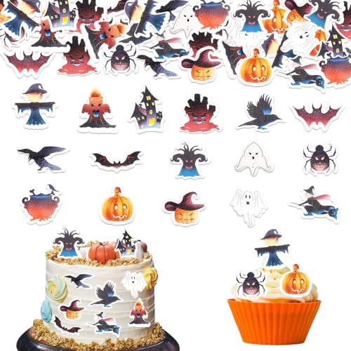 GoldRock Halloween Essbare Tortendeko, 60 Stk Halloween Tortendeko Essbar,Hexen Kürbis Horror Deko Torte,Fledermaus Geist Esspapier Kuchendeko,Halloween Spinne Muffin Cupcake Topper Kuchen Deko Essbar von GoldRock