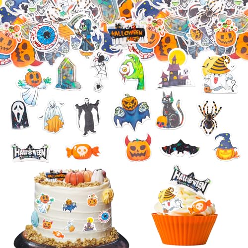 GoldRock Halloween Essbare Tortendeko,60 Stk Halloween Tortendeko Essbar,Kürbis Horror Deko Torte,Fledermaus Gespenst Esspapier Kuchendeko,Muffin Cupcake Topper Kuchen Deko Essbar Halloween Decoration von GoldRock