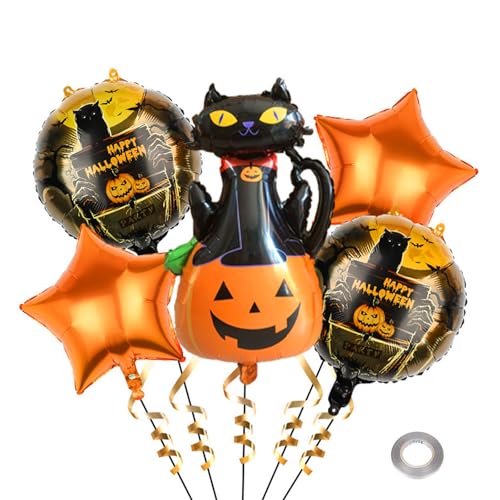 GoldRock Katzen Luftballon Halloween Deko Set, 5 Stück Halloween Luftballons XXL, Folienballon Katze Horror Deko, Kürbis,Sterne Halloween Balloons, Halloween Luftballon Decoration,Halloween Party Deko von GoldRock