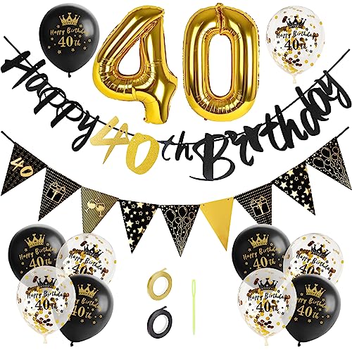 GoldRock 40 Geburtstag Männer Frauen Deko, Luftballons Geburtstag 40 Jahre, Deko 40 Geburtstag Mann Schwarz Gold,40 Geburtstag Deko Set mit Happy Birthday Girlande,Folienballon Zahl 40,40er geburtstag von GoldRock