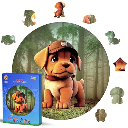 Goldbird Creations Holzpuzzle Für Kinder Ab 4 Jahre - Rundes Kinderpuzzles Holz 50 Teile - Holz Puzzle Tiere Für Mädchen Oder Jungen - Wooden Puzzle - Geburtstags Weihnachten Geschenke (Hund) von Goldbird Creations