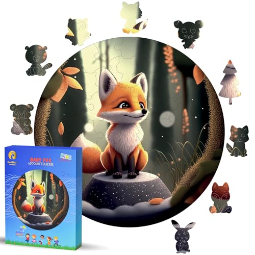 Holzpuzzle Für Kinder Ab 4 Jahre - Rundes Kinderpuzzles Holz 50 Teile - Holz Puzzle Tiere Für Mädchen Oder Jungen - Wooden Puzzle - Geburtstags Weihnachten Geschenke (Fuchs) von Goldbird Creations