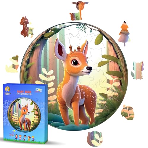 Holzpuzzle Für Kinder Ab 4 Jahre - Rundes Kinderpuzzles Holz 50 Teile - Holz Puzzle Tiere Für Mädchen Oder Jungen - Wooden Puzzle - Geburtstags Weihnachten Geschenke (REH) von Goldbird Creations